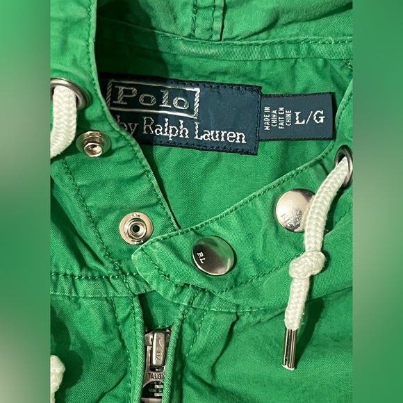VTG Polo Ralph Lauren Jacket Men's L Green Cotton Blend Blue Pony Full Zip Hood - Picture 15 of 16